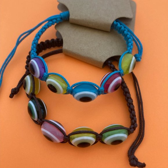 Jewelry - 2 Evil Eye Bracelets Black And Blue Braided Cord Rope